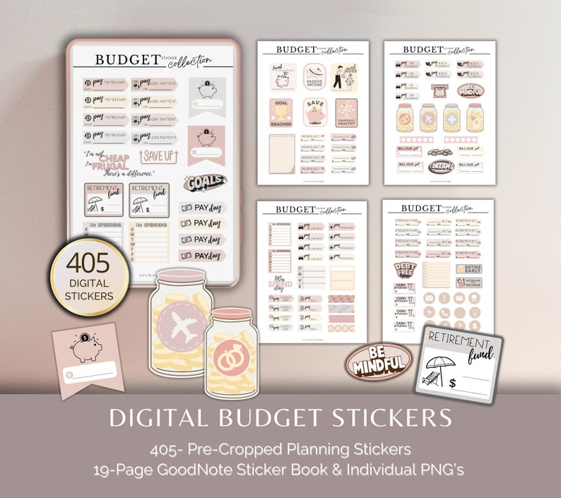May include: A set of 405 digital budget stickers in a pink and beige color scheme. The stickers feature illustrations of jars, piggy banks, and other budget-related icons. The text "BUDGET collection" appears on several of the stickers. The stickers are designed for use in a GoodNotes sticker book.