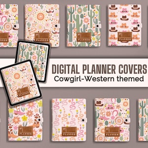 May include: Digital planner covers with a cowgirl and western theme. The covers feature different designs including cacti, snakes, horseshoes, and flowers. The text "PLANNER" is on each cover.