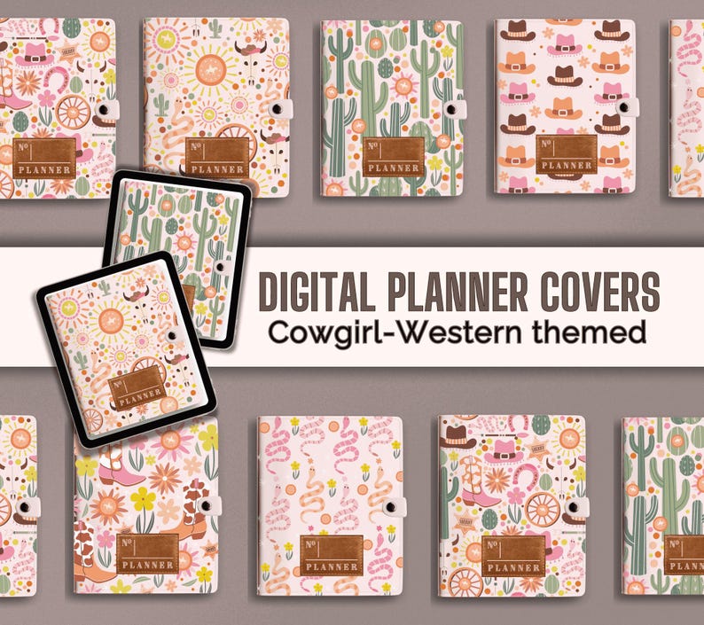 May include: Digital planner covers with a cowgirl and western theme. The covers feature different designs including cacti, snakes, horseshoes, and flowers. The text "PLANNER" is on each cover.