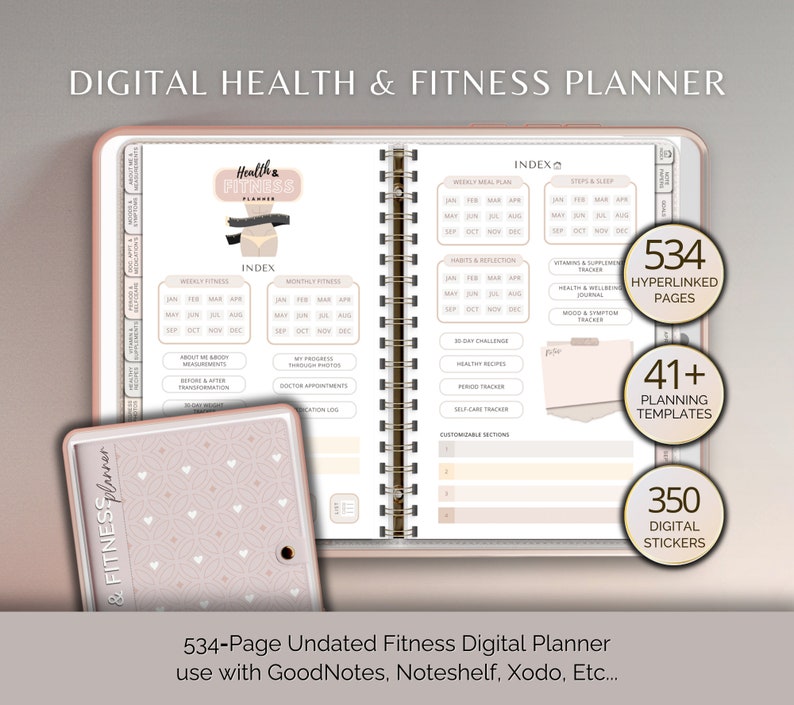 Puede incluir: Un planificador digital con un dise&ntilde;o rosa y dorado. La portada presenta el texto "Health & Fitness Planner" y un gr&aacute;fico de una mujer con una cinta m&eacute;trica alrededor de su cintura. El planificador incluye 534 p&aacute;ginas hipervinculadas, m&aacute;s de 41 plantillas de planificaci&oacute;n y 350 pegatinas digitales.