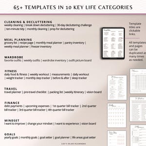 May include: An image showcasing a digital planner with 65+ templates across 10 life categories, including cleaning, meal planning, wardrobe, fitness, travel, finance, mindset, and goals. The planner's titles are clickable links, and pages can be duplicated.