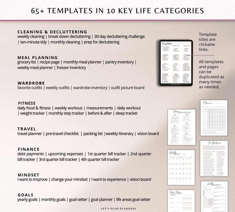 May include: An image showcasing a digital planner with 65+ templates across 10 life categories, including cleaning, meal planning, wardrobe, fitness, travel, finance, mindset, and goals. The planner's titles are clickable links, and pages can be duplicated.