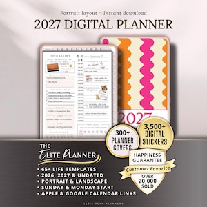 May include: Digital planner for 2027 with a portrait layout. The image shows a digital planner with a daily schedule and a cover with a wavy pattern in pink and orange. Includes 300+ planner covers and 3,500+ digital stickers.