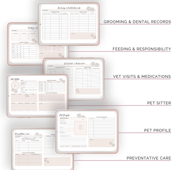 May include: A set of printable pet care log sheets with headings for Grooming & Dental Records, Feeding & Responsibility, Vet Visits & Medications, Pet Sitter, Pet Profile, and Preventative Care.