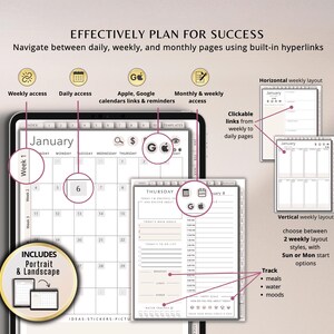May include: Digital planner with a beige and white design, featuring a calendar for January. Includes daily, weekly, and monthly pages with built-in hyperlinks. Offers portrait and landscape views, with options to track meals, water, and moods.