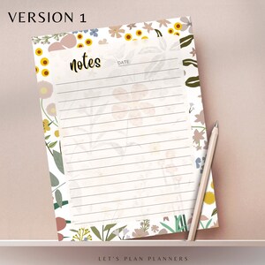 May include: A printable floral notes page with a white background and lined paper. The page has a floral pattern with yellow, pink, and blue flowers. The text "notes" is written in black at the top of the page. The text "DATE" is written in black at the top right corner of the page.