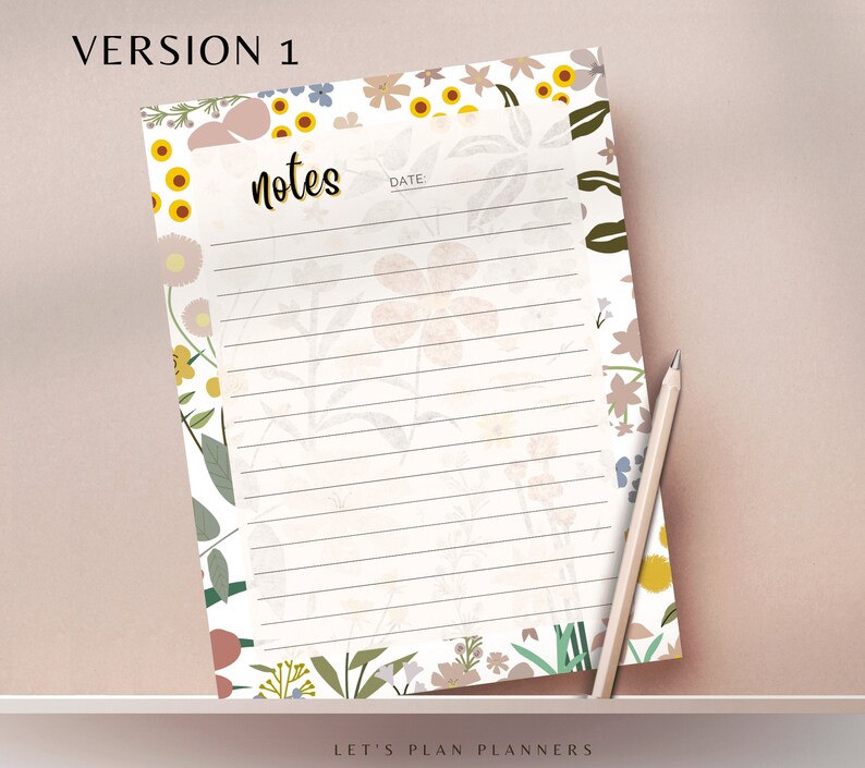 May include: A printable floral notes page with a white background and lined paper. The page has a floral pattern with yellow, pink, and blue flowers. The text "notes" is written in black at the top of the page. The text "DATE" is written in black at the top right corner of the page.