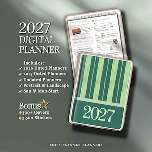 May include: A digital planner with a pink border, featuring a green and white striped cover with the year 2027. The screen displays a daily schedule. Text includes "2027 Digital Planner" and details like "2026 Dated Planners" and "300+ Covers."
