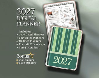 May include: A digital planner with a pink border, featuring a green and white striped cover with the year 2027. The screen displays a daily schedule. Text includes "2027 Digital Planner" and details like "2026 Dated Planners" and "300+ Covers."