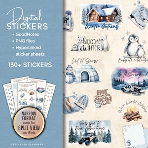 May include: Digital stickers for GoodNotes, featuring winter-themed illustrations. Includes images of a cabin, ice skates, penguins, polar bears, a snowman, and text like "Winter Getaway" and "Welcome Winter." The stickers are designed for split view on iPads.