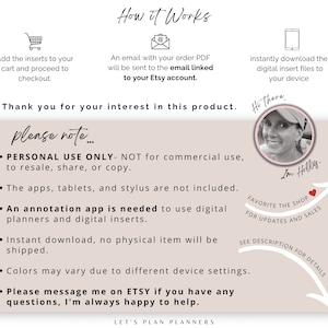 May include: A digital planner insert product listing with a pink and white background. The listing includes information about the product, such as the fact that it is for personal use only and that an annotation app is needed to use it. The listing also includes a photo of the creator, Holly, and a call to action to favorite the shop for updates and sales.