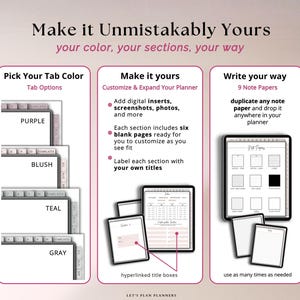 Puede incluir: Una gu&iacute;a de planificador digital con tres secciones: Pick Your Tab Color con opciones en morado, rubor, verde azulado y gris; Make it yours con instrucciones de personalizaci&oacute;n y cuadros de t&iacute;tulo; y Write your way con 9 dise&ntilde;os de notas.