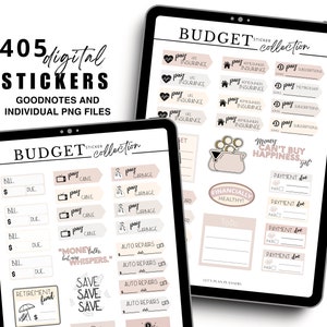 May include: A digital sticker collection for budgeting with 405 individual PNG files. The stickers are in a pink and beige color scheme and feature various icons and text, such as "Pay Cable", "Pay Garbage", "Auto Repairs", "Save Save Save", "Money Talks But Whispers", "Financially Healthy", "Payment Due", and "Money Can't Buy Happiness, Get It".