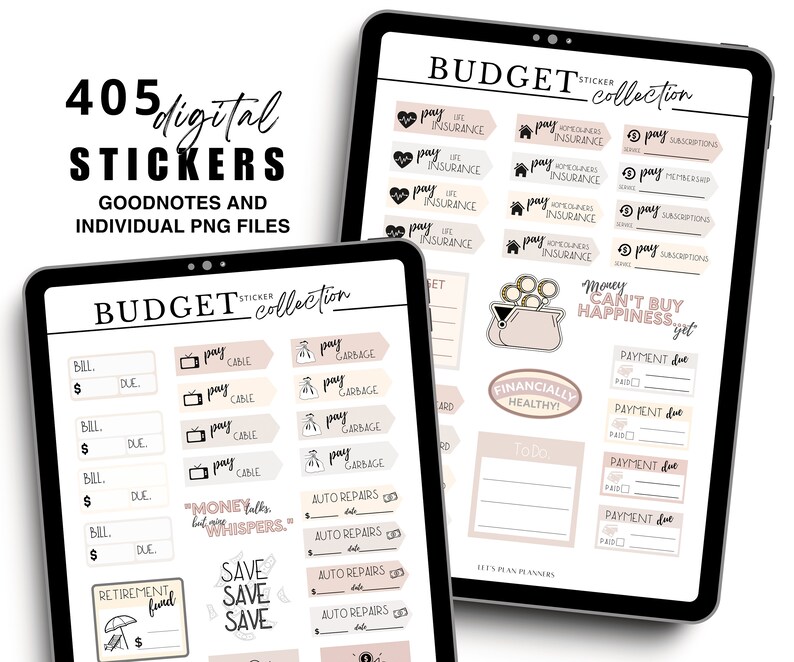 May include: A digital sticker collection for budgeting with 405 individual PNG files. The stickers are in a pink and beige color scheme and feature various icons and text, such as "Pay Cable", "Pay Garbage", "Auto Repairs", "Save Save Save", "Money Talks But Whispers", "Financially Healthy", "Payment Due", and "Money Can't Buy Happiness, Get It".