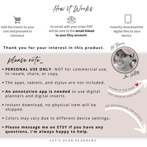 May include: A digital planner insert with a note that says "please note..." and lists details about the product. The note includes information about personal use only, the need for an annotation app, and that the product is an instant download. The image also includes a photo of the creator, Holly, and a call to action to favourite the shop for updates and sales.
