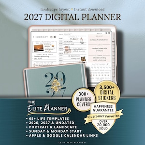May include: Digital 2027 planner in a landscape layout. The image shows a tablet displaying a daily schedule and a teal cover with the number 2027 and floral accents. Includes 300+ planner covers and 3,500+ digital stickers. Features 65+ life templates.