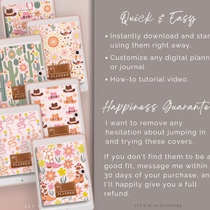 May include: A set of digital planner covers featuring a variety of Southwestern-inspired designs, including cacti, snakes, cowboy hats, and floral patterns. The covers are shown on tablet screens and each has the word "Planner" displayed.