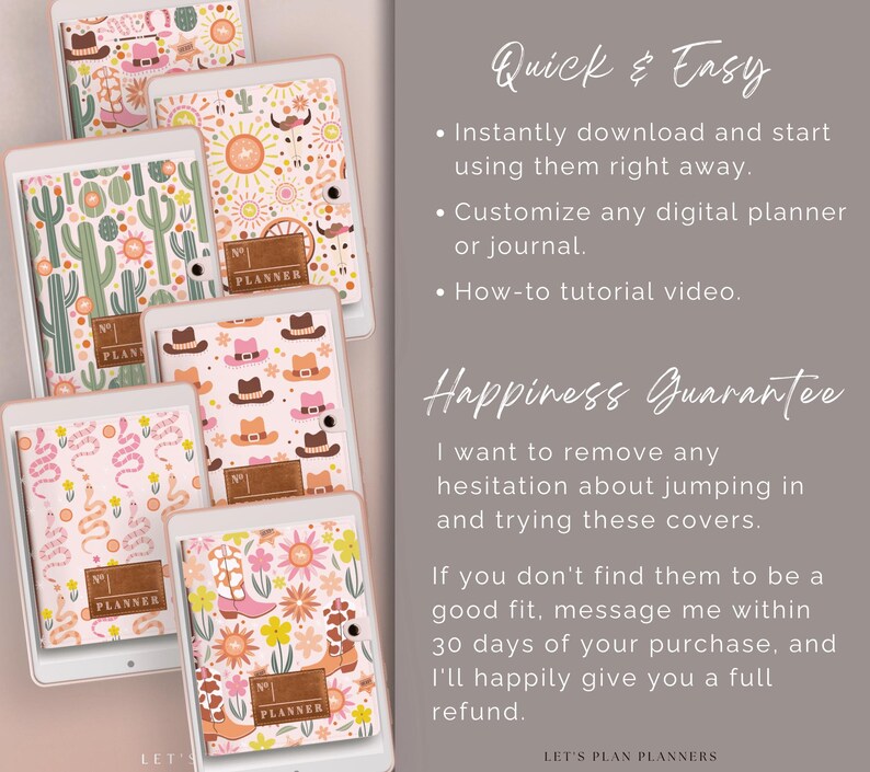 May include: A set of digital planner covers featuring a variety of Southwestern-inspired designs, including cacti, snakes, cowboy hats, and floral patterns. The covers are shown on tablet screens and each has the word "Planner" displayed.
