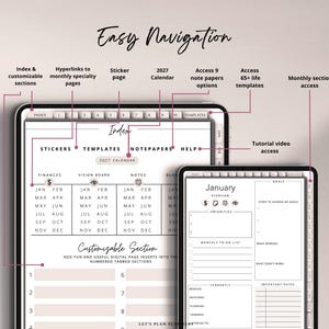 May include: Digital planner interface with the text "Easy Navigation." Features include index, sticker page, 2027 calendar, note paper options, life templates, and monthly section access. The planner has customizable sections and tutorial video access.