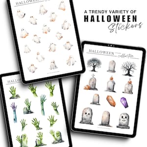 May include: A set of Halloween stickers featuring ghosts, zombie hands, and tombstones. The stickers are on a white background and are perfect for adding a spooky touch to your planner or journal.