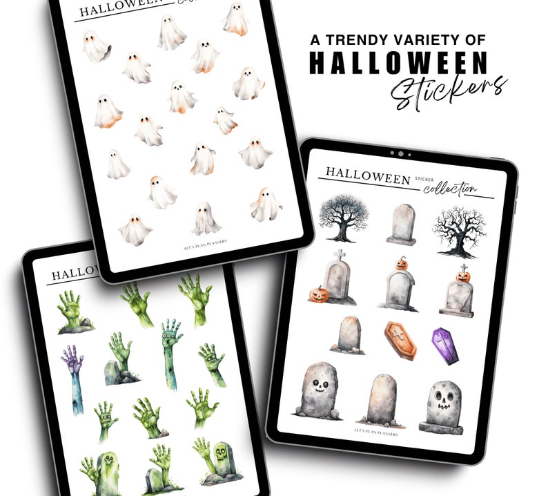 May include: A set of Halloween stickers featuring ghosts, zombie hands, and tombstones. The stickers are on a white background and are perfect for adding a spooky touch to your planner or journal.