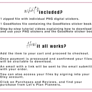 May include: A white background with black text explaining what is included in a digital sticker pack for the GoodNotes app. The text includes a list of items, such as a zipped file with individual PNG digital stickers and a GoodNotes file containing a sticker book. The text also explains how to download and use the stickers.
