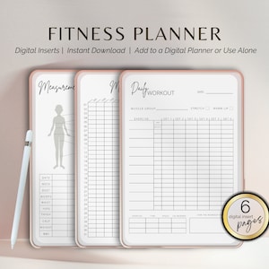Könnte beinhalten: Drei druckbare digitale Planerseiten für das Fitness-Tracking. Die erste Seite ist ein Körpermaß-Tracker mit einer Silhouette einer Person. Die zweite Seite ist ein leeres Raster zum Verfolgen des Fortschritts. Die dritte Seite ist ein tägliches Trainingsprotokoll mit Abschnitten für Muskelgruppe, Übung, Sätze, Wiederholungen, Zeit, Geschwindigkeit und verbrannte Kalorien. Der Text "6 digitale Einlegeblätter" befindet sich in einem goldenen Kreis.