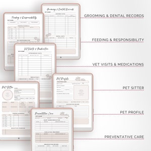 May include: Printable pet care log pages with sections for grooming and dental records, feeding and responsibility, vet visits and medications, pet sitter, pet profile, and preventative care. The pages are designed with a light pink and brown color scheme and feature paw prints.