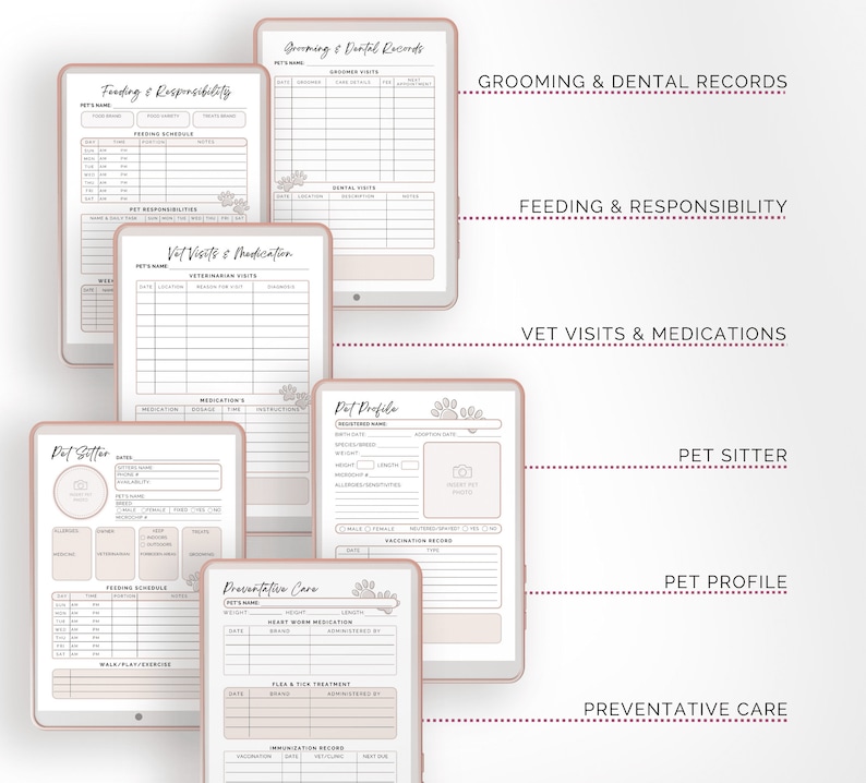 May include: Printable pet care log pages with sections for grooming and dental records, feeding and responsibility, vet visits and medications, pet sitter, pet profile, and preventative care. The pages are designed with a light pink and brown color scheme and feature paw prints.