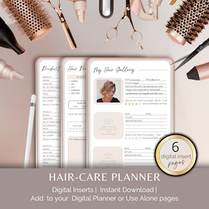 Può includere: Una pagina di pianificatore digitale con sfondo rosa e bianco. La pagina è intitolata "Hair-Care Planner" e include sezioni per tenere traccia dei prodotti per capelli, della salute del cuoio capelluto e degli appuntamenti dal parrucchiere. La pagina include anche una sezione per una foto dei capelli dell'utente dopo il suo ultimo appuntamento. La pagina è progettata per aiutare gli utenti a tenere traccia della loro routine di cura dei capelli e dei loro progressi.