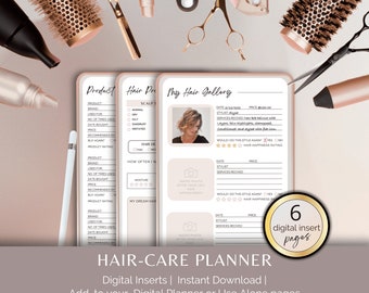 Planificador de cuidado del cabello Realice un seguimiento de su rutina de cuidado del cabello Mantenga un cabello saludable y bien administrado Inserciones digitales Las plantillas se pueden usar con un planificador digital