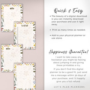May include: Three printable planner pages with floral borders. The pages are titled "Notes", "To-Do List", and "Notes". The text "Quick & Easy" and "Happiness Guarantee!" is also included.