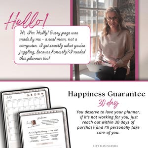 Puede incluir: Una pantalla de planificador digital que muestra una p&aacute;gina de calendario de julio y una p&aacute;gina de bienvenida con texto que incluye Hello, Hi I'm Holly y Happiness Guarantee 30-day. La imagen muestra a una persona usando una computadora.