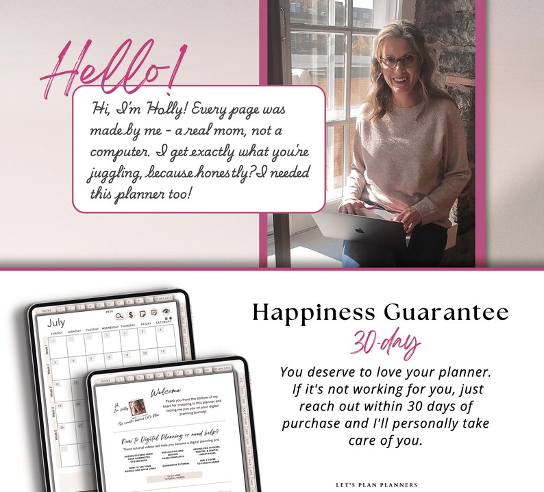 Puede incluir: Una pantalla de planificador digital que muestra una p&aacute;gina de calendario de julio y una p&aacute;gina de bienvenida con texto que incluye Hello, Hi I'm Holly y Happiness Guarantee 30-day. La imagen muestra a una persona usando una computadora.