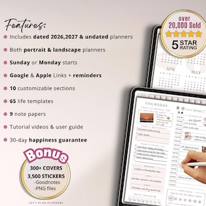 May include: Digital planner displayed on a tablet, featuring a daily schedule, to-do list, and water tracker. The image includes text highlighting features like dated planners, customizable sections, and tutorial videos. A bonus includes covers and stickers.