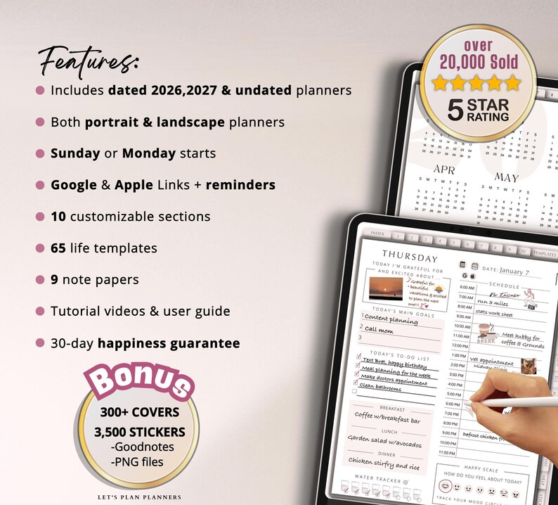 May include: Digital planner displayed on a tablet, featuring a daily schedule, to-do list, and water tracker. The image includes text highlighting features like dated planners, customizable sections, and tutorial videos. A bonus includes covers and stickers.