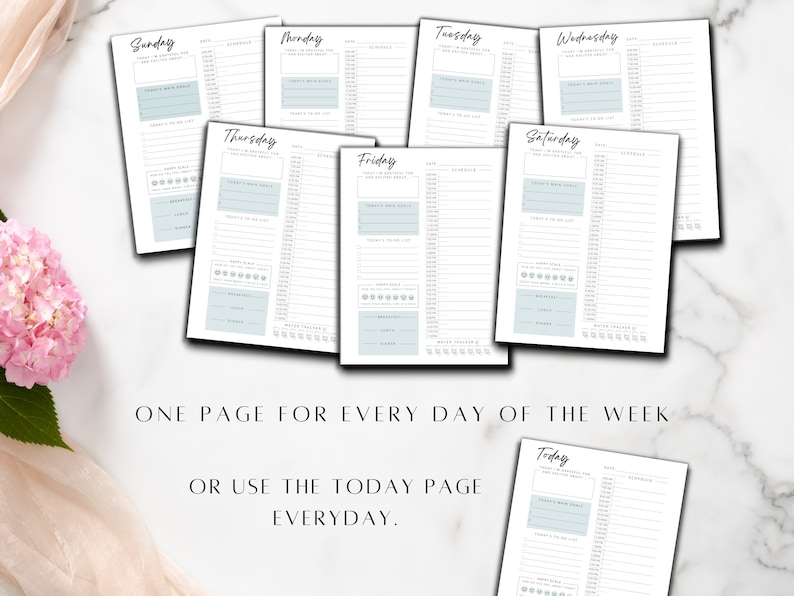 May include: A printable planner with a daily layout for each day of the week. The planner includes sections for daily goals, to-do lists, and habit trackers. The planner also includes a "Today" page that can be used for any day of the week.