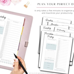 May include: A printable daily planner with a light pink cover and a white interior. The planner includes sections for daily goals, to-do lists, a schedule, a mood tracker, and a water tracker. The planner is designed to help you plan your perfect day and maximize your productivity.