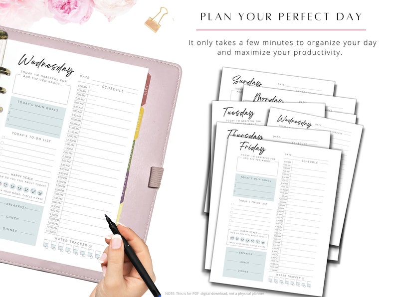 May include: A printable daily planner with a light pink cover and a white interior. The planner includes sections for daily goals, to-do lists, a schedule, a mood tracker, and a water tracker. The planner is designed to help you plan your perfect day and maximize your productivity.