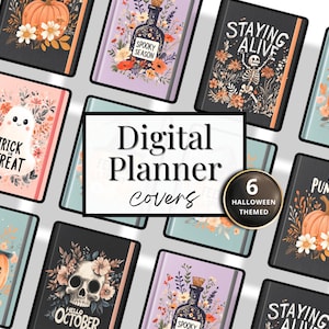 May include: A collection of six Halloween-themed digital planner covers. The covers feature illustrations of pumpkins, ghosts, skeletons, and floral arrangements. Text includes "Trick or Treat", "Spooky Season", "Staying Alive", and "Hello October".