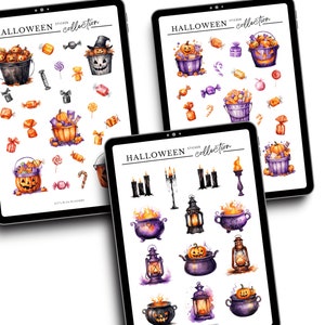 May include: Three digital planner sticker sheets with a Halloween theme. The first sheet features a variety of Halloween-themed stickers, including pumpkins, candy, and witches' hats. The second sheet features a variety of Halloween-themed stickers, including pumpkins, candy, and ghosts. The third sheet features a variety of Halloween-themed stickers, including cauldrons, lanterns, and candles.
