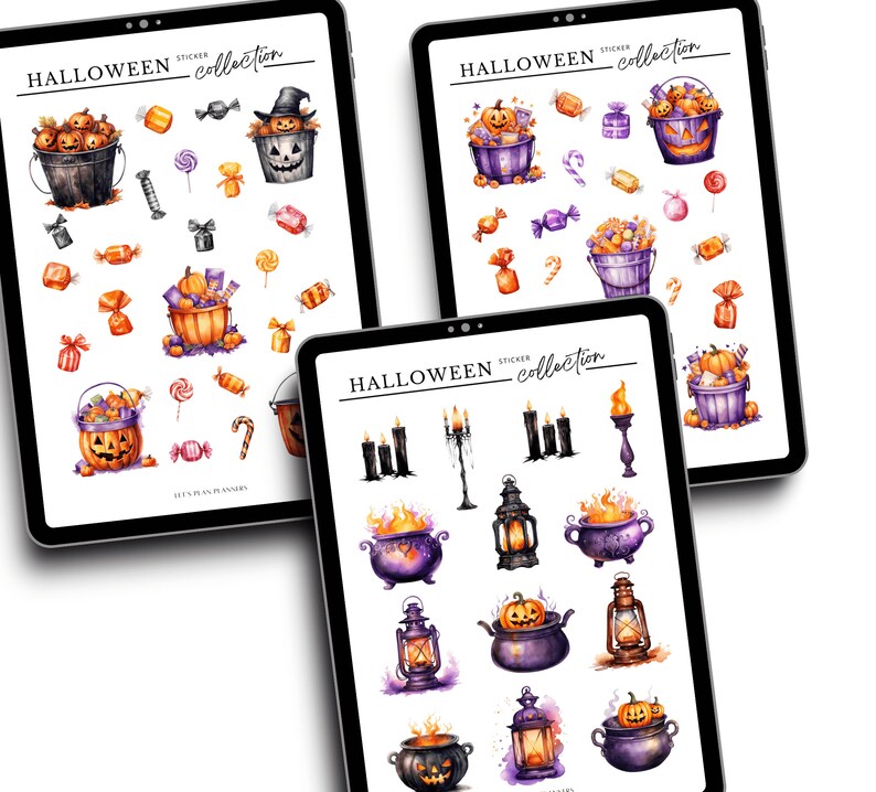 May include: Three digital planner sticker sheets with a Halloween theme. The first sheet features a variety of Halloween-themed stickers, including pumpkins, candy, and witches' hats. The second sheet features a variety of Halloween-themed stickers, including pumpkins, candy, and ghosts. The third sheet features a variety of Halloween-themed stickers, including cauldrons, lanterns, and candles.