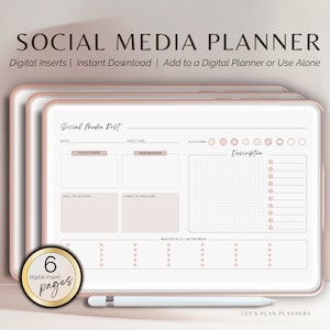 May include: A printable social media planner with six pages for planning social media posts. The planner includes sections for date, title, inspiration, platform, description, call to action, links to include, and hashtags/keywords.