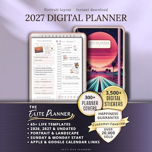 May include: Digital planner with a portrait layout, featuring a daily schedule and to-do list. The image includes a planner with a colorful cover and the text "2027 DIGITAL PLANNER". Additional text includes "300+ Planner Covers" and "3,500+ Digital Stickers".