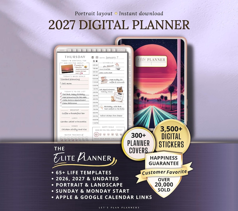 May include: Digital planner with a portrait layout, featuring a daily schedule and to-do list. The image includes a planner with a colorful cover and the text "2027 DIGITAL PLANNER". Additional text includes "300+ Planner Covers" and "3,500+ Digital Stickers".