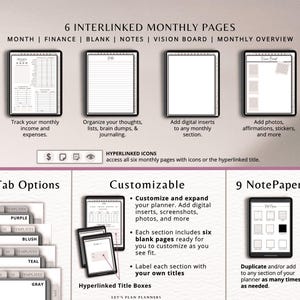 May include: Digital planner with six interlinked monthly pages, including finance, blank, notes, and vision board sections. Features customizable options, tab options, and nine note paper templates. Includes text: "6 INTERLINKED MONTHLY PAGES".