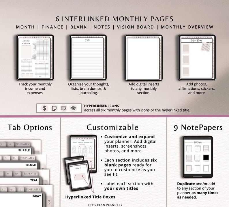 May include: Digital planner with six interlinked monthly pages, including finance, blank, notes, and vision board sections. Features customizable options, tab options, and nine note paper templates. Includes text: "6 INTERLINKED MONTHLY PAGES".
