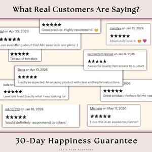May include: A collection of white rectangular customer review cards featuring five-star ratings and text comments. The header reads What Real Customers Are Saying? and the footer displays 30-Day Happiness Guarantee and LET'S PLAN PLANNERS.