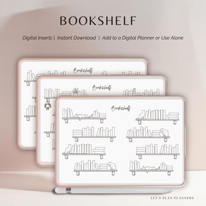 May include: Three digital planner inserts with a bookshelf theme. Each insert features a white background with a pink border and a minimalist black line drawing of bookshelves, some with cats. The word "Bookshelf" is written in cursive.