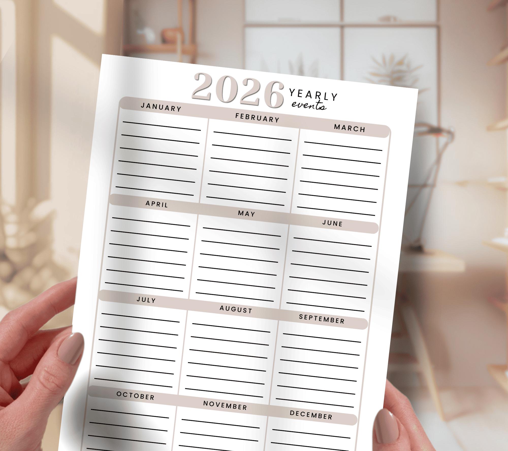 2026 Yearly Events Planner: At-a-glance Calendar (PDF Printable ...